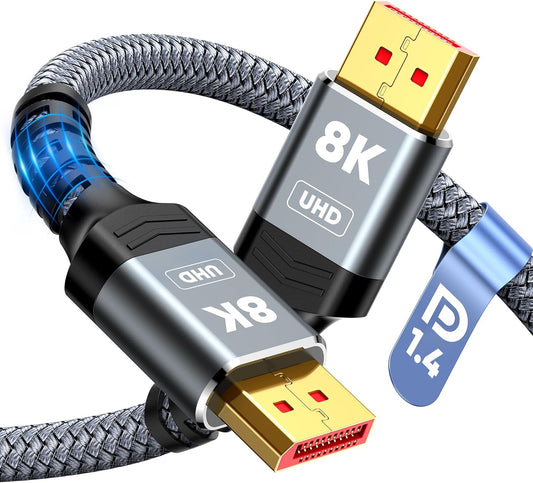 8K Displayport 1.4 Cable, VESA Certified 6.6FT DP Cord (8K@60Hz, 4K@144Hz, 2K@240Hz/165Hz), 32.4Gbps High Speed Display Port Cable for Gaming Monitor, Hdr/Freesync/G-Sync, Braided, Grey